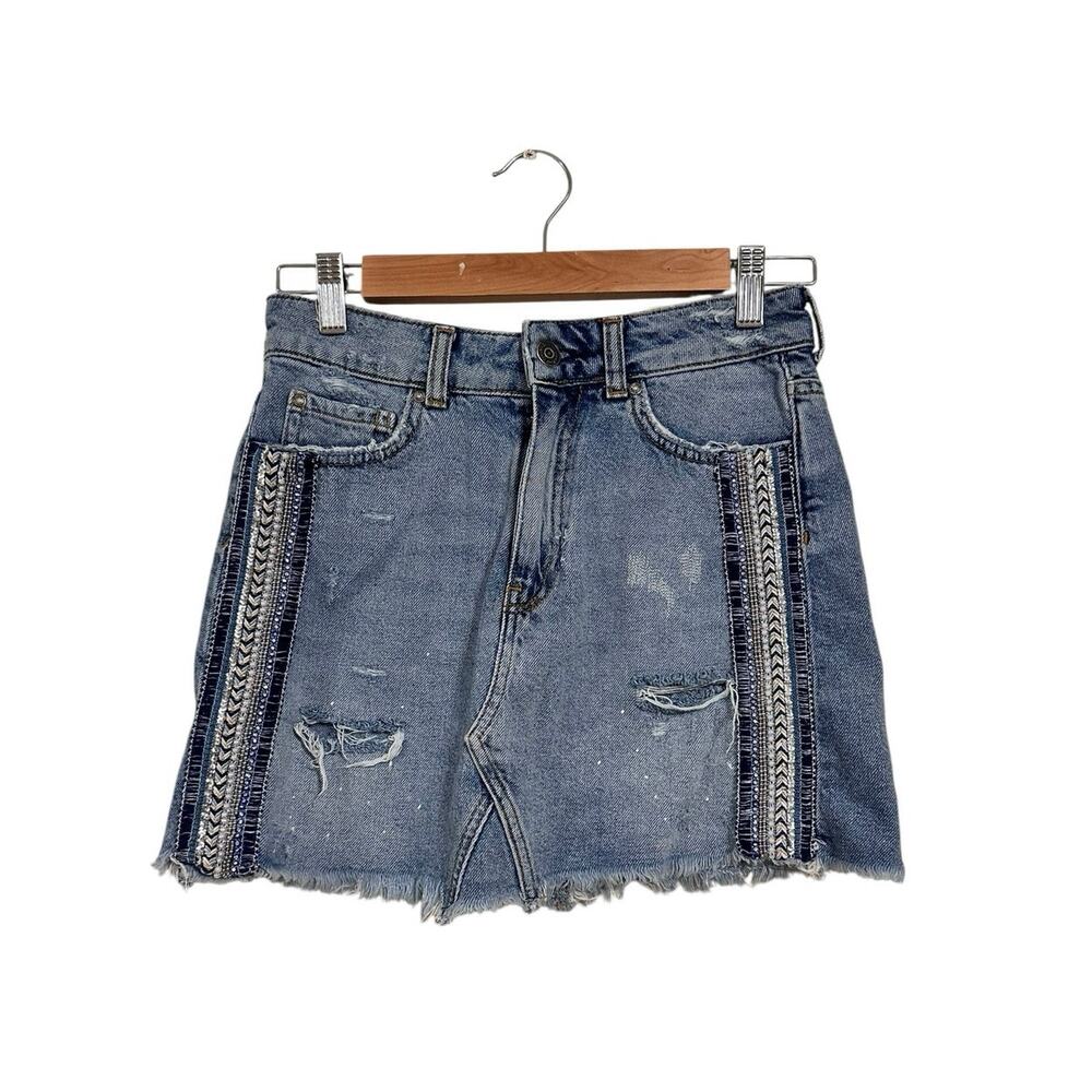 Free People Denim Mini Skirt Beaded Embellished Size 0 Raw Hem